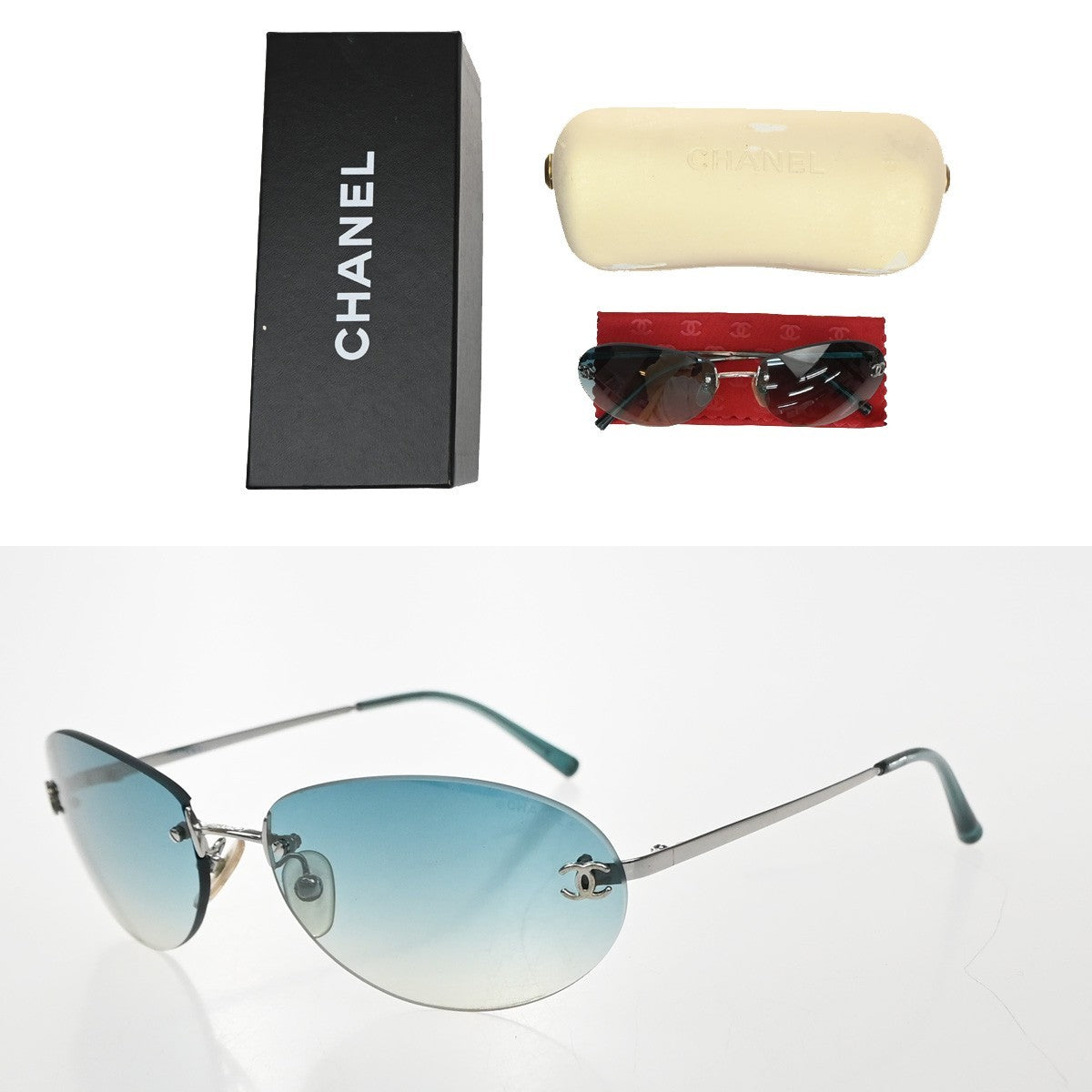 CHANEL Rimless Logo Sunglasses Eye Wear Plastic Metal Blue Silver 4013 60CA988