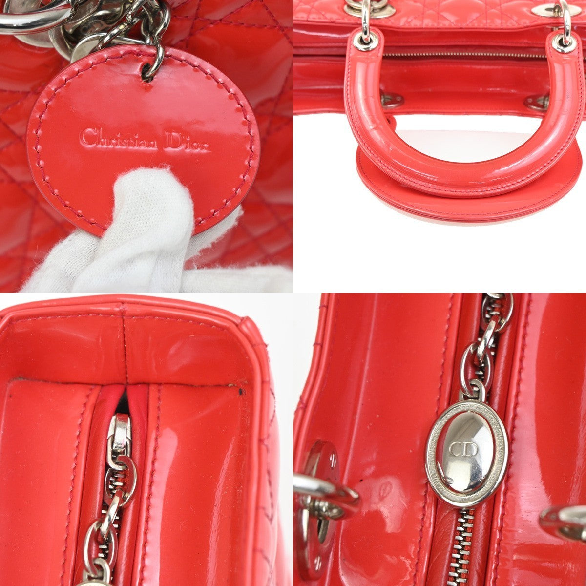 CHRISTIAN DIOR Logo Lady Cannage Hand Bag Patent Leather Red SHW Italy 46RL838