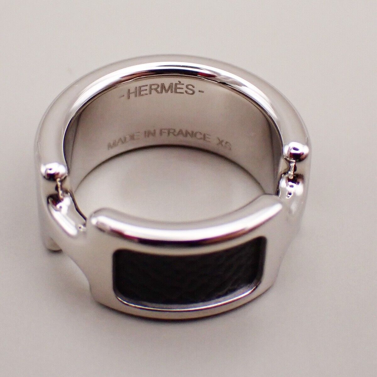 HERMES Olympe Ring XS Palladium Plated Calf Skin Leather Black Silver 30YG575
