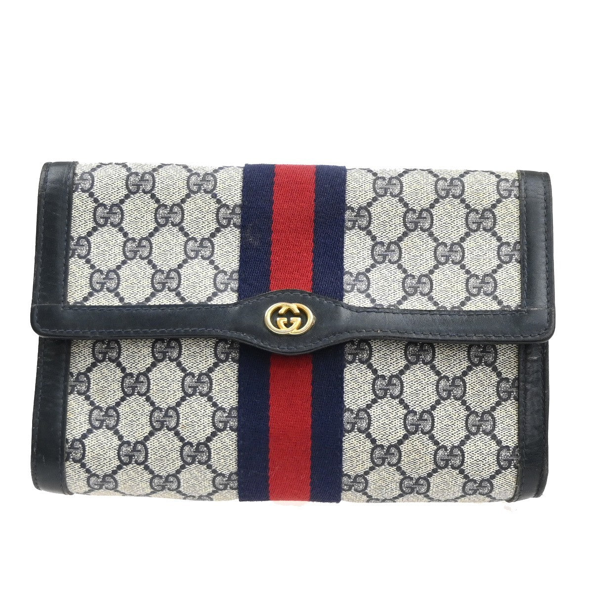 GUCCI Logo GG Sherry Line Clutch Hand Bag PVC Leather Navy Beige Italy 09MA469