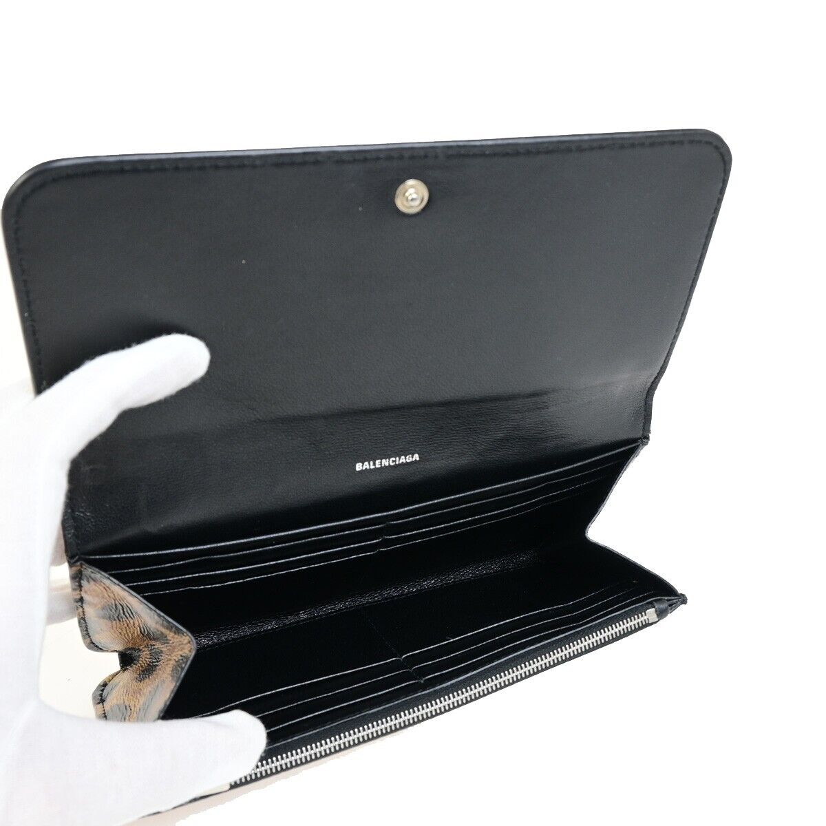 BALENCIAGA Logo Leopard Bifold Long Wallet Leather Brown Italy 36KA407