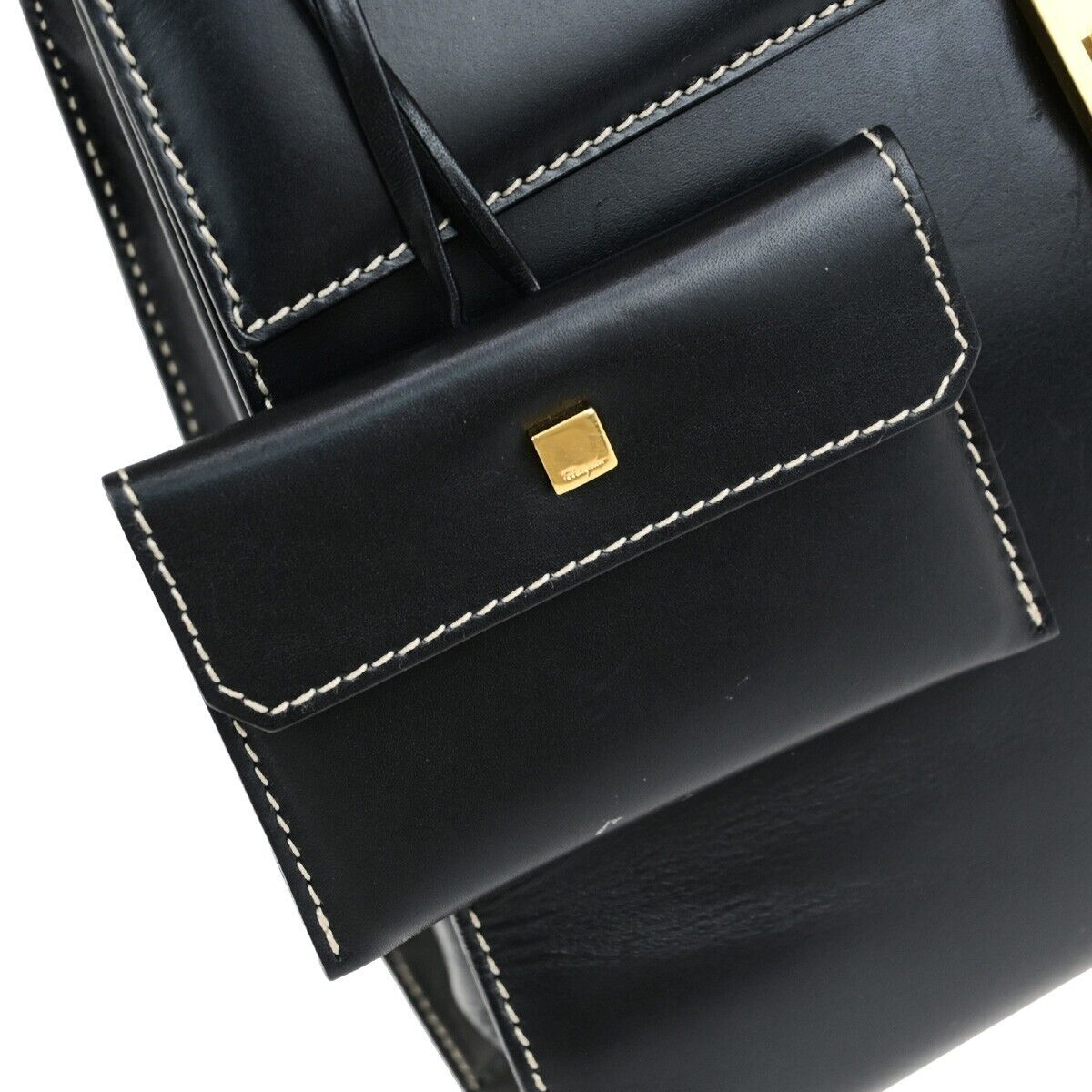 SALVATORE FERRAGAMO Gancini Top Handle Hand Bag Leather Black GHW Italy 35ED328