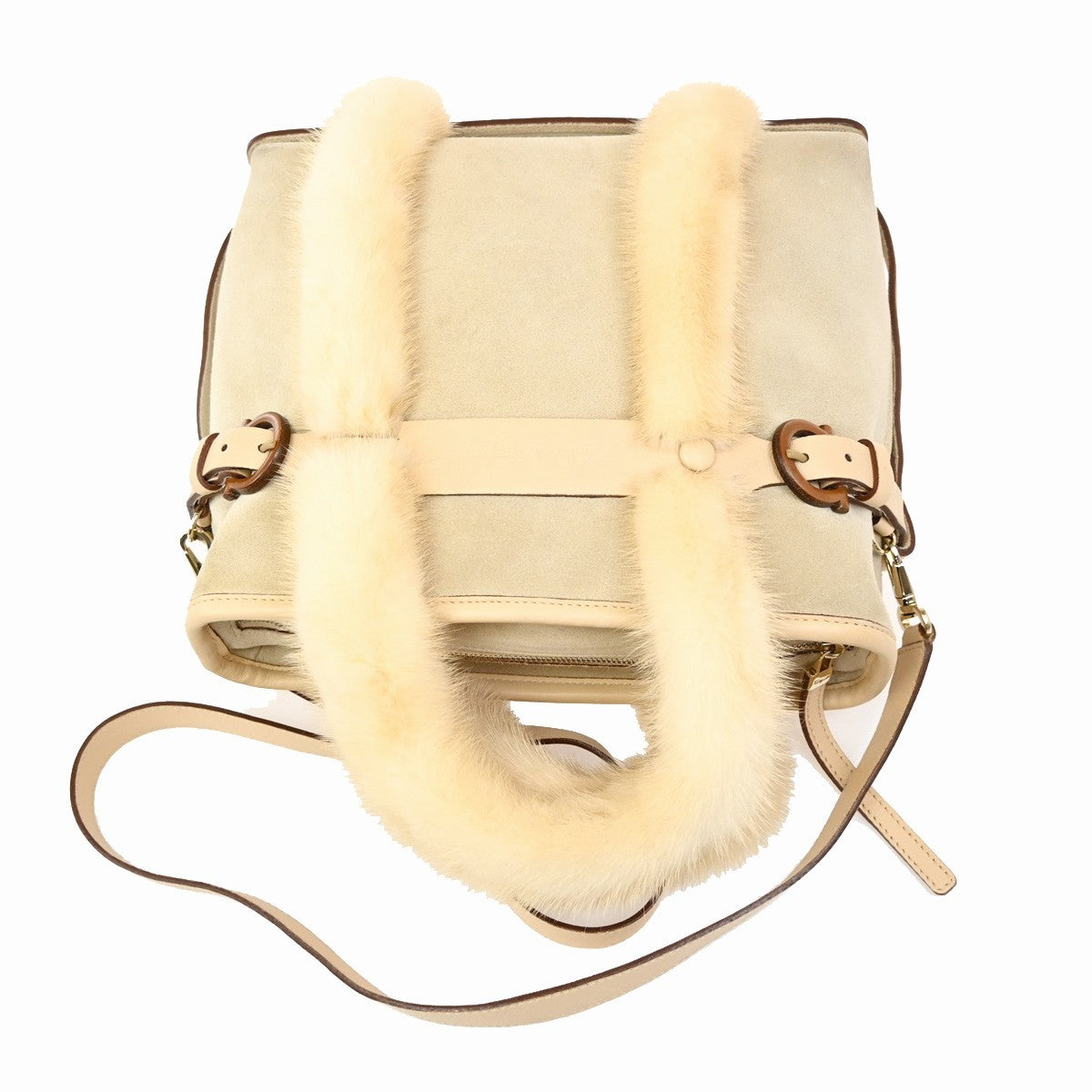 SALVATORE FERRAGAMO Logo Fur Gancini 2Way Hand Bag Suee Leather Beige 80YH842