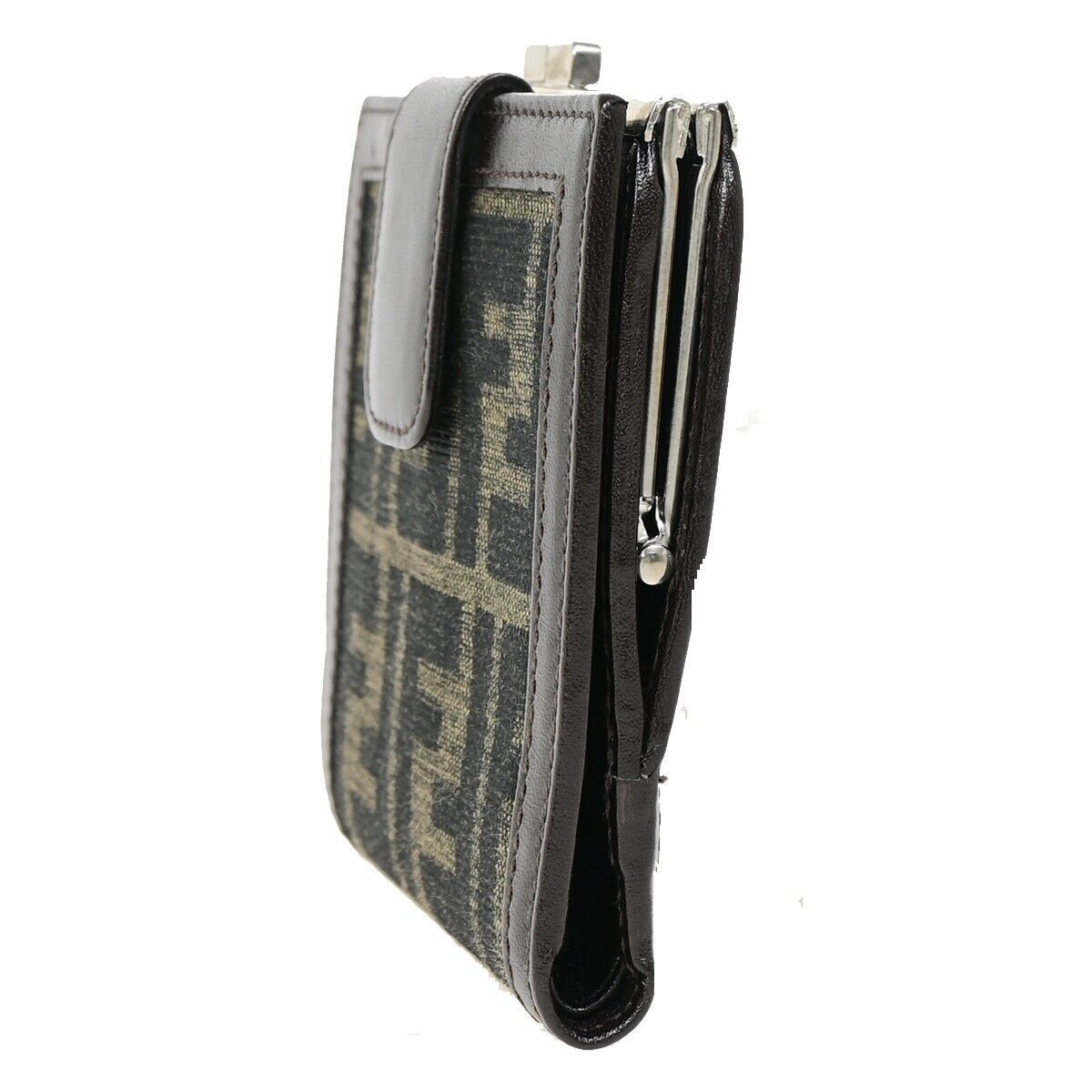 FENDI Logo Zucca Pattern Bifold Wallet Purse Canvas Leather Brown Italy 09HB977