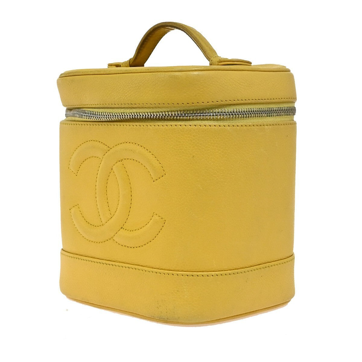 CHANEL Vanity Cosmetic Hand Bag Grained Calfskin Leather Yellow Vintage 93RF437