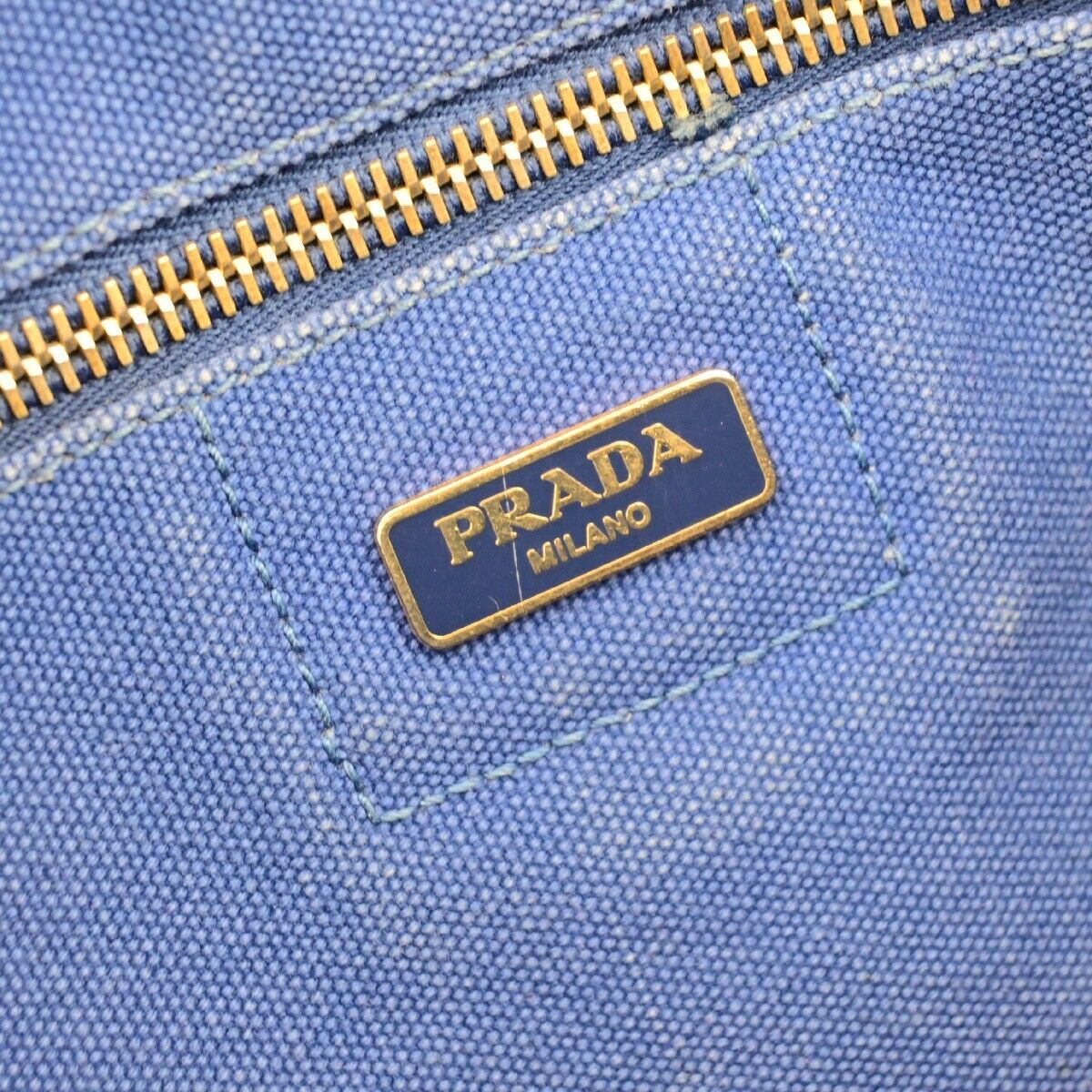 PRADA Milano Logo CANAPA Tote Hand Bag Canvas Leather Blue Gold 68EB512