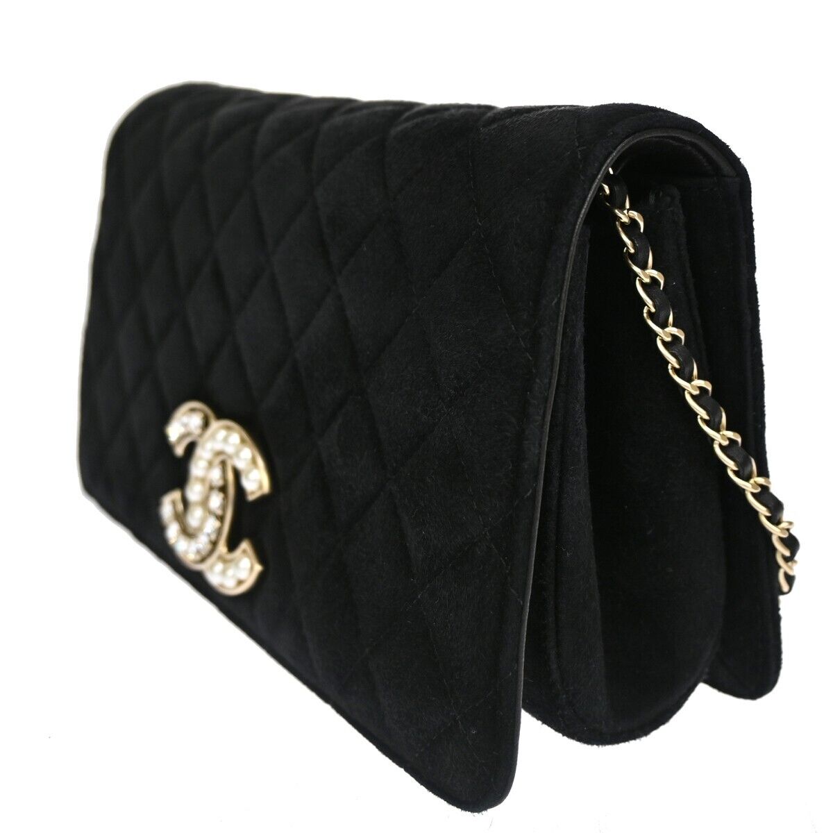 CHANEL CC Logo Matelasse Chain Shoulder Bag Suede BK Rhinestone Pearl 770RJ051