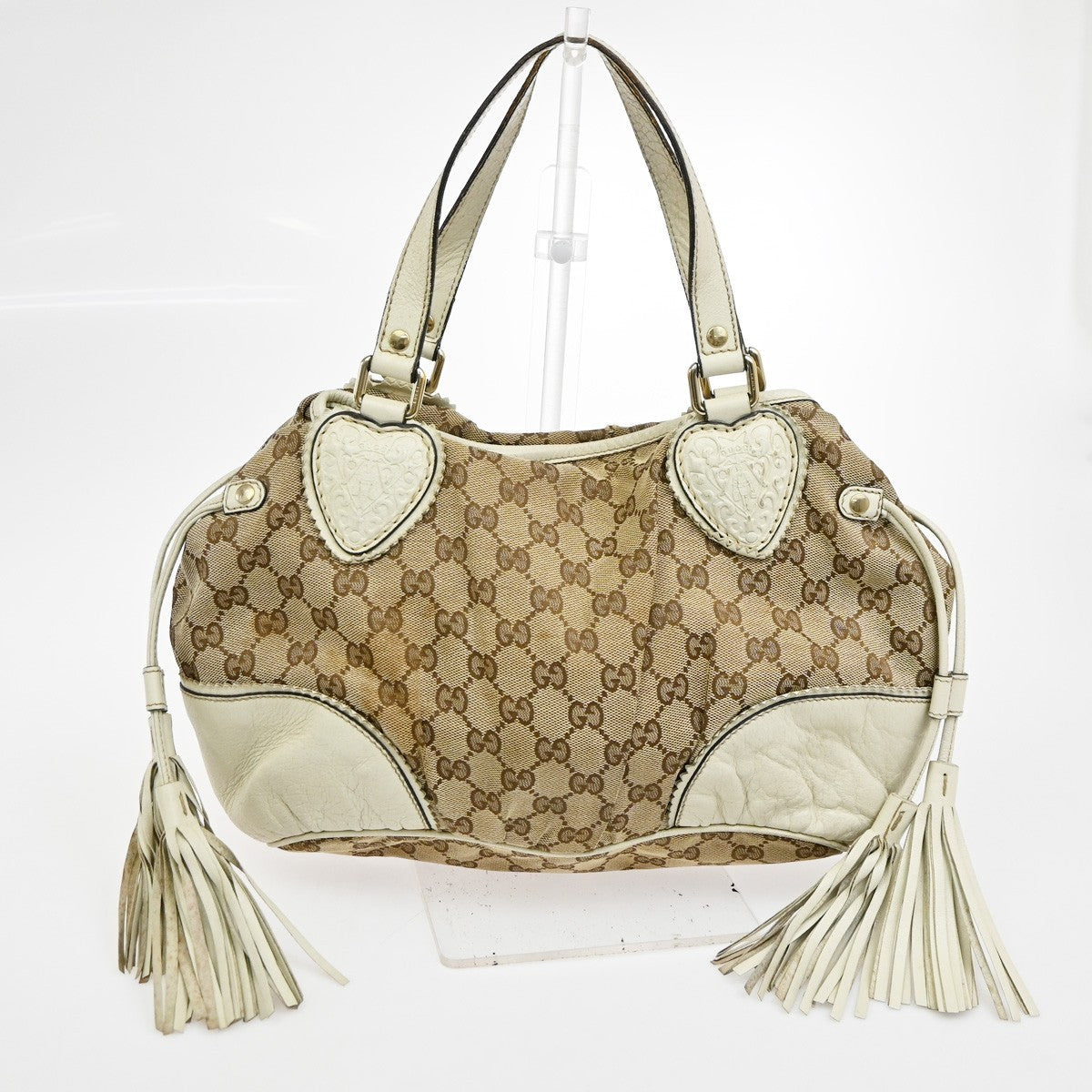 GUCCI GG Tassel Shoulder Tote Bag Canvas Leather Brown White Italy 62TA672