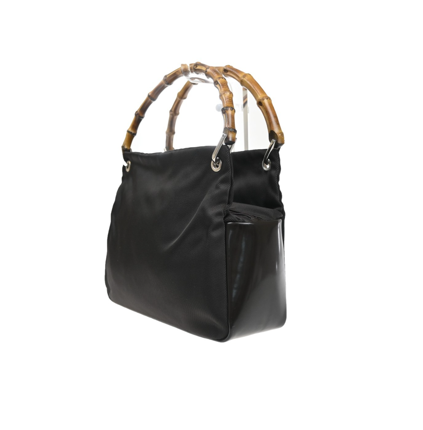 GUCCI Logo Bamboo Handle Tote Hand Bag Nylon Patent Leather Brown Italy 36MA661