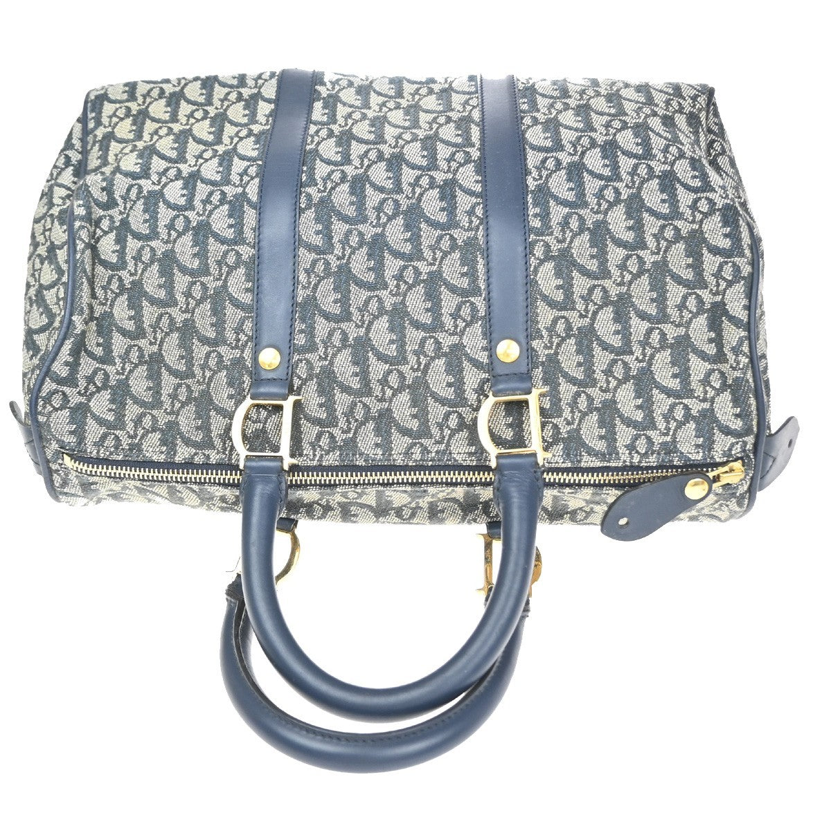 CHRISTIAN DIOR Logo Trotter Boston Hand Bag Canvas Leather Blue Italy 11CA874