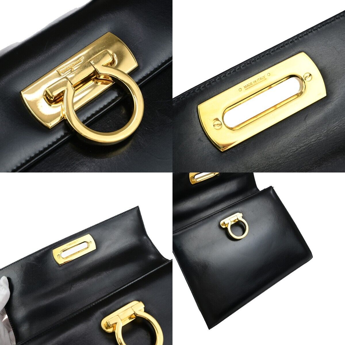 SALVATORE FERRAGAMO 2Way Gancini Shoulder Hand Bag Leather Black Gold 87EC640