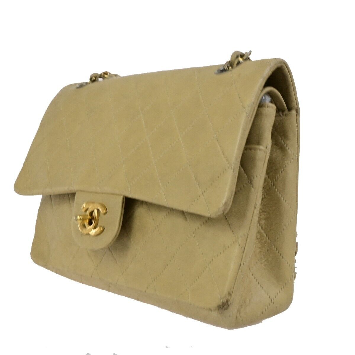 CHANEL CC Matelasse 25 Double Flap Chain Shoulder Bag Leather Beige GHW 636FB329