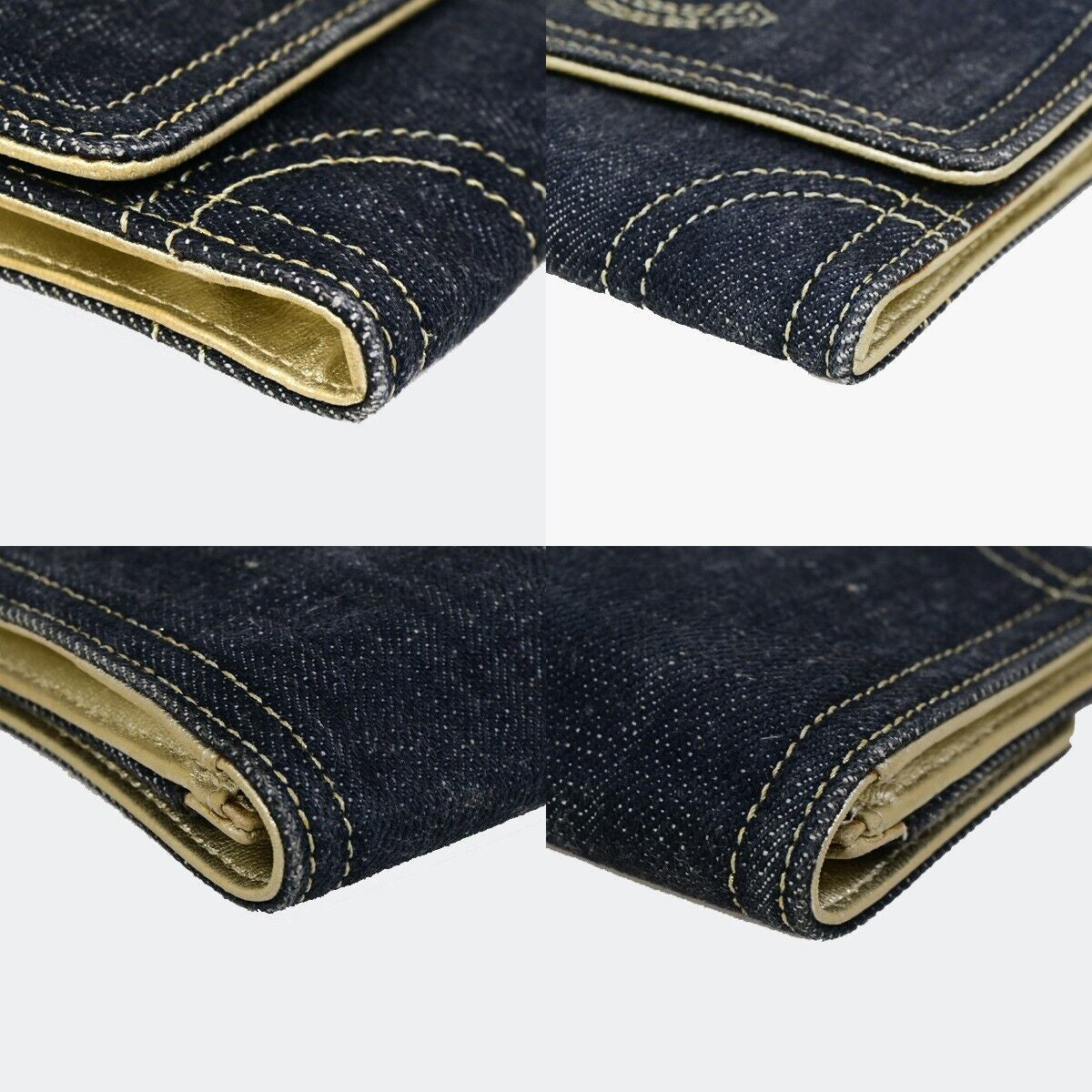 CHANEL CC Logo Stitch Flap Wallet Purse Denim Leather Blue Gold GHW 70RK156