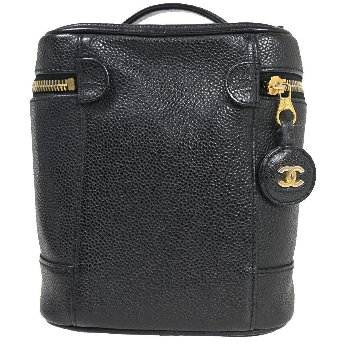 CHANEL CC Logo Cosmetic Vanity Hand Bag Grained Calfskin Leather Black 614RH061