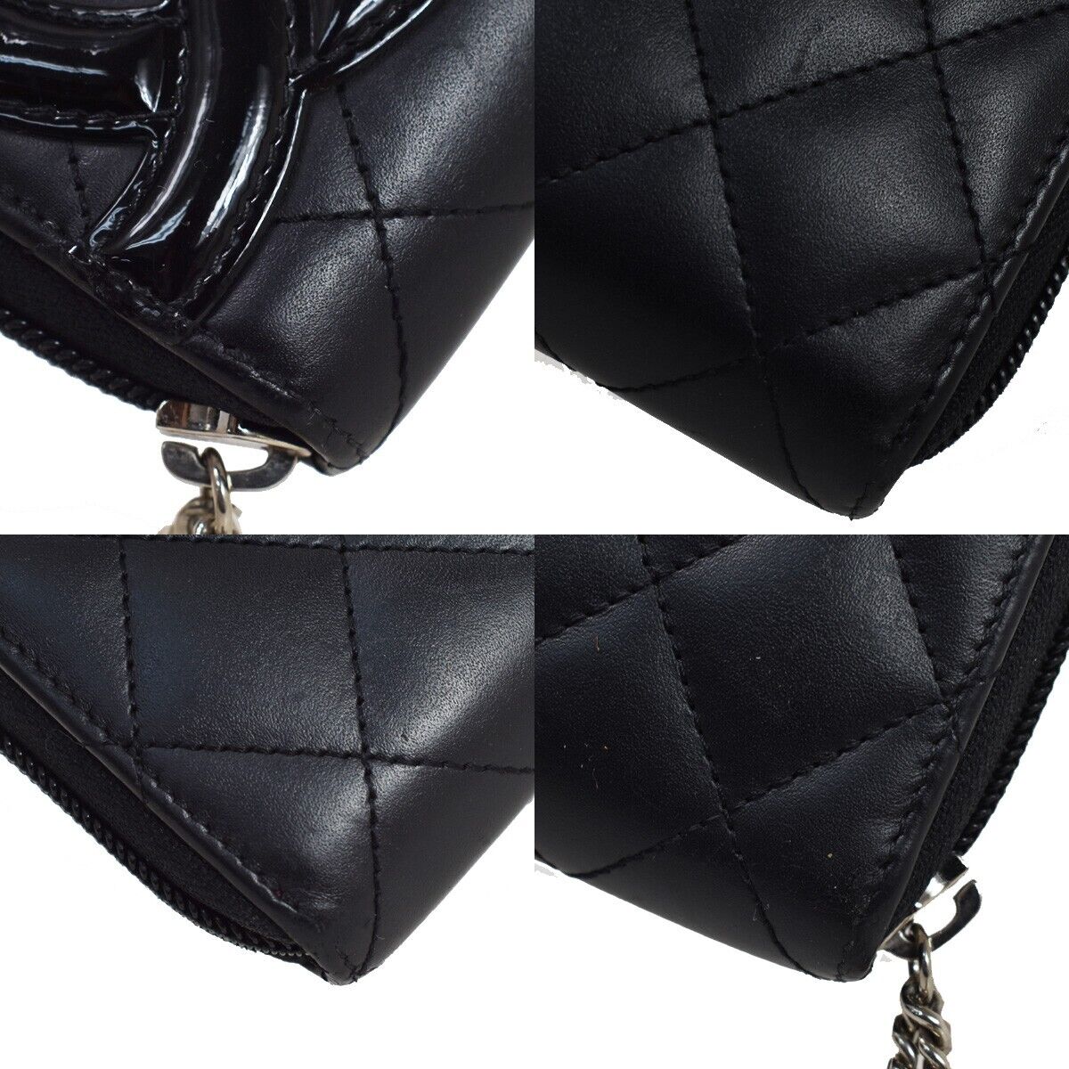 CHANEL CC Cambon Long Zipper Bifold Wallet Patent Leather Black SHW 75YC568