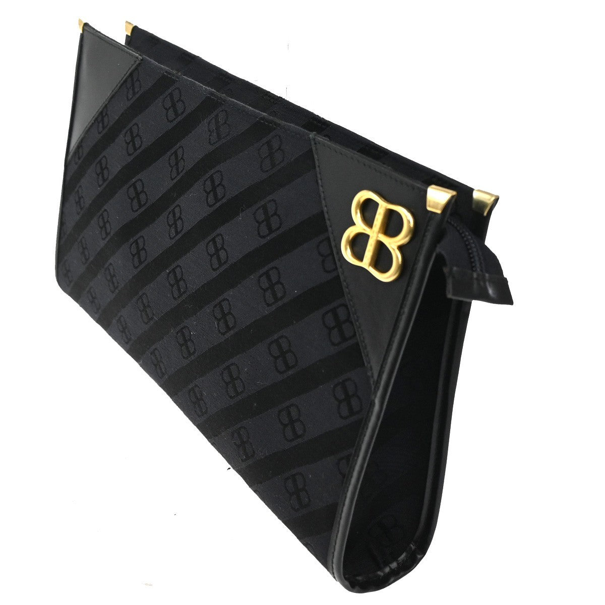 BALENCIAGA BB Logo Clutch Hand Bag Canvas Leather Black Gold Italy 07TA425