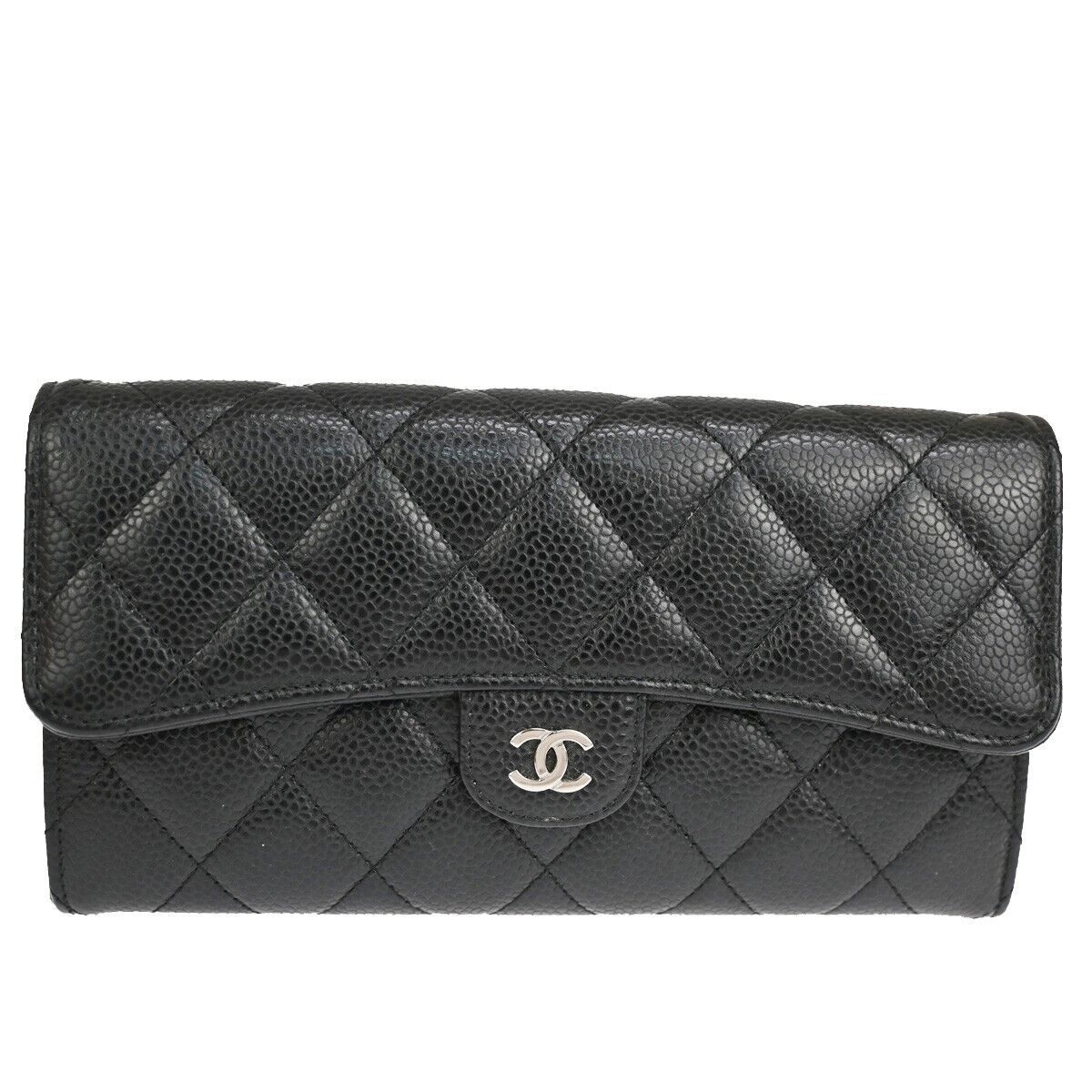 "CHANEL CC Matelasse Long Bifold Wallet Purse Caviar Leather Black SHW 41RJ205