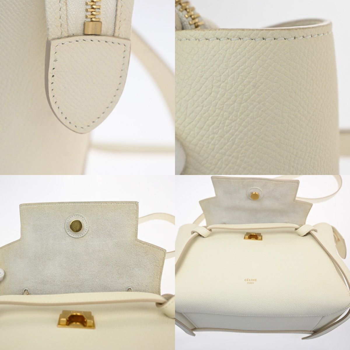 CELINE Logo Belt 2way Shoulder Hand Bag Leather White GHW Italy 29RL885