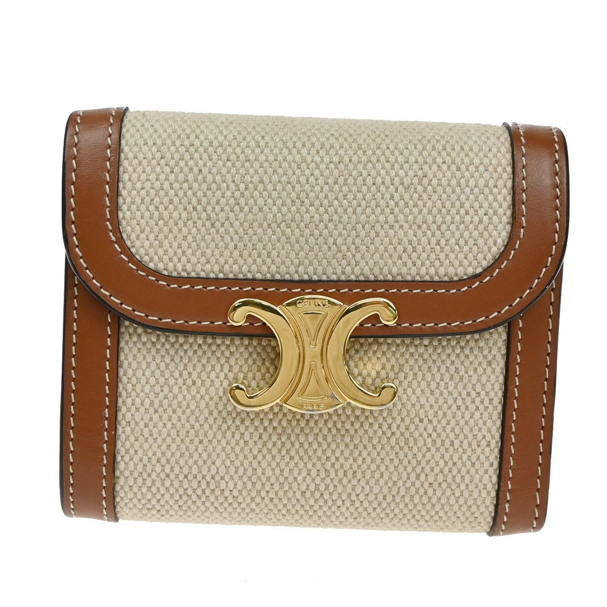 CELINE Triomphe Small Trifold Wallet Purse Canvas Leather Brown BE GHW 87RL411