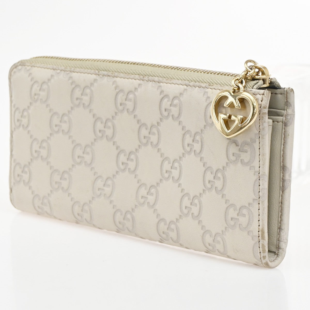 GUCCI Logo Guccissima GG Pattern Heart Long Zipper Wallet Leather Beige 05KC155
