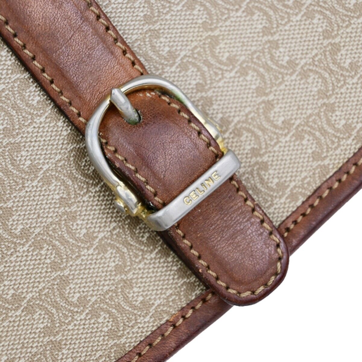 CELINE Logo Macadam Pattern Shoulder Bag PVC Leather Beige Italy 04EB477