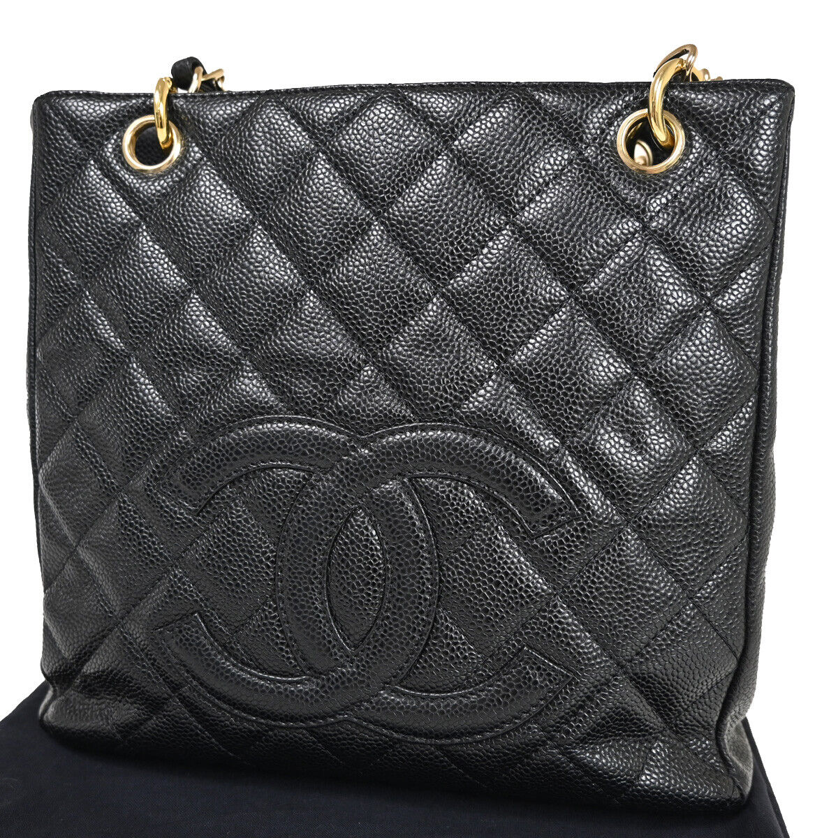 CHANEL CC Logo PST Chain Shoulder Bag Caviar Skin Leather Black GHW 304RJ587
