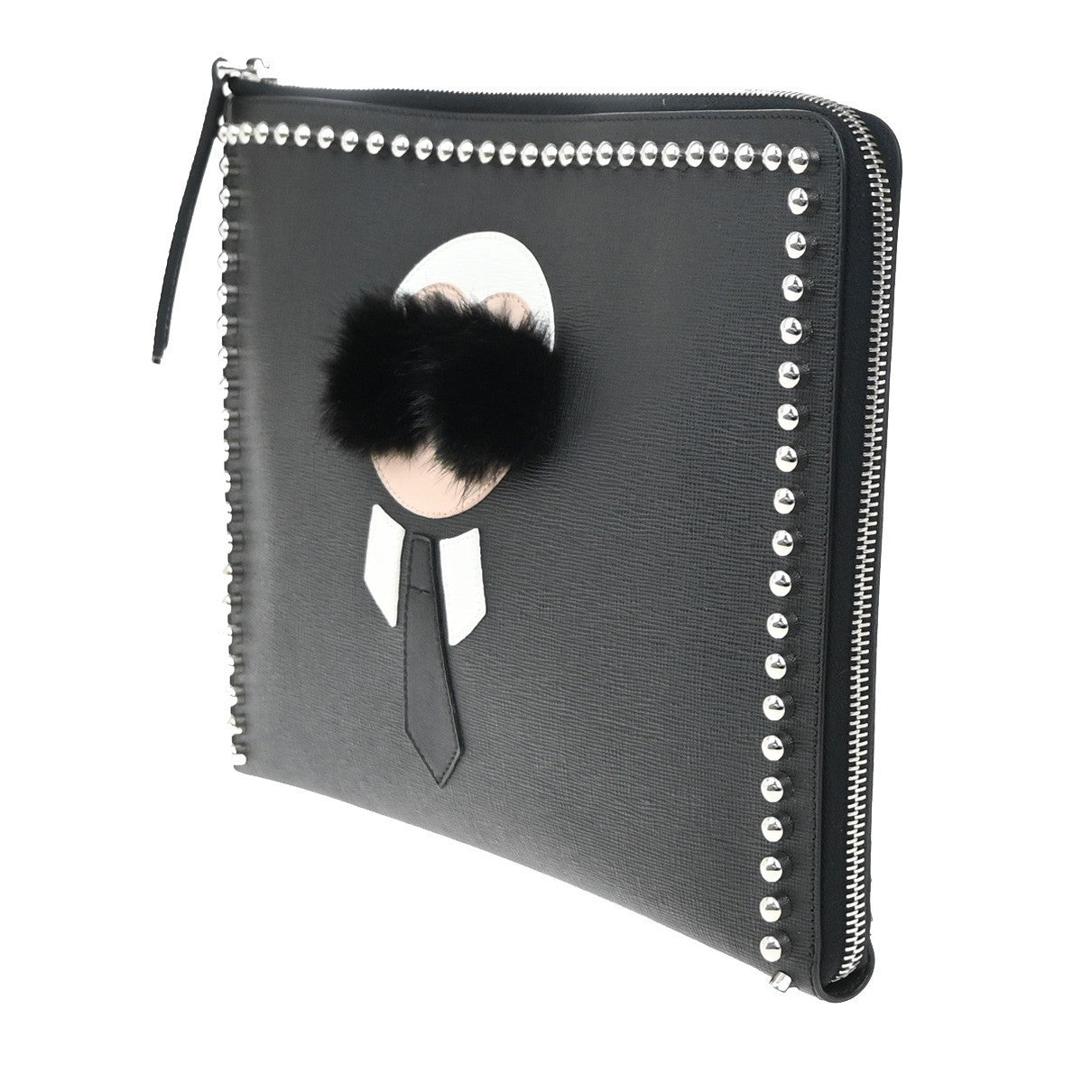 FENDI Karlito Karl Lagerfeld Clutch Bag Leather Fur Black SHW Italy 30EG245