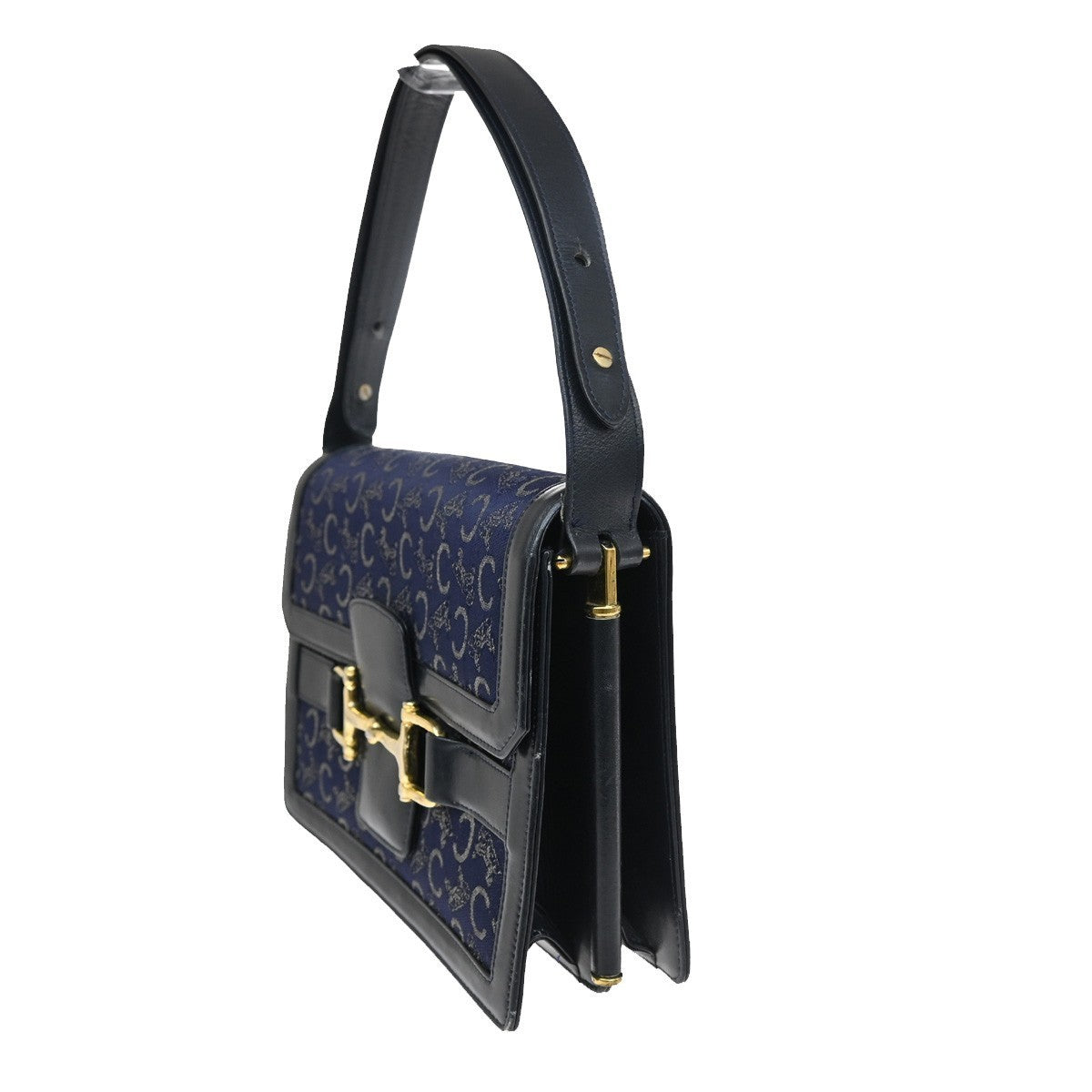 CELINE Logo C Macadam Horse Carriage Shoulder Bag Canvas Leather Navy 31CA386