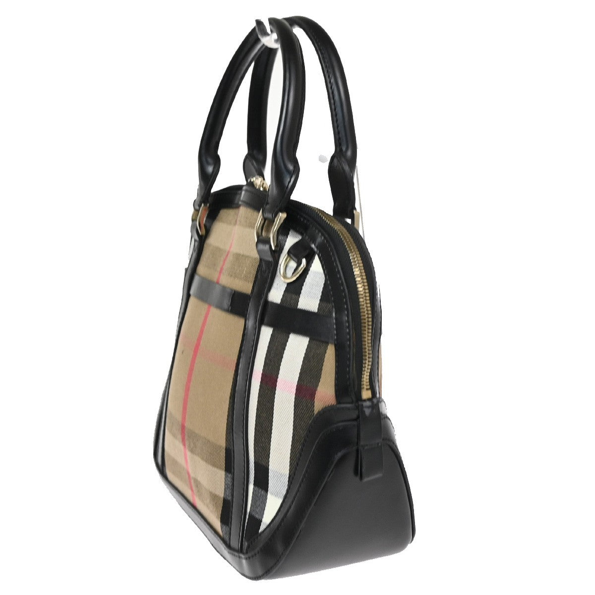 BURBERRY Logo Nova Check Pattern Hand Bag Leather Canvas Black Brown GHW 32TA663