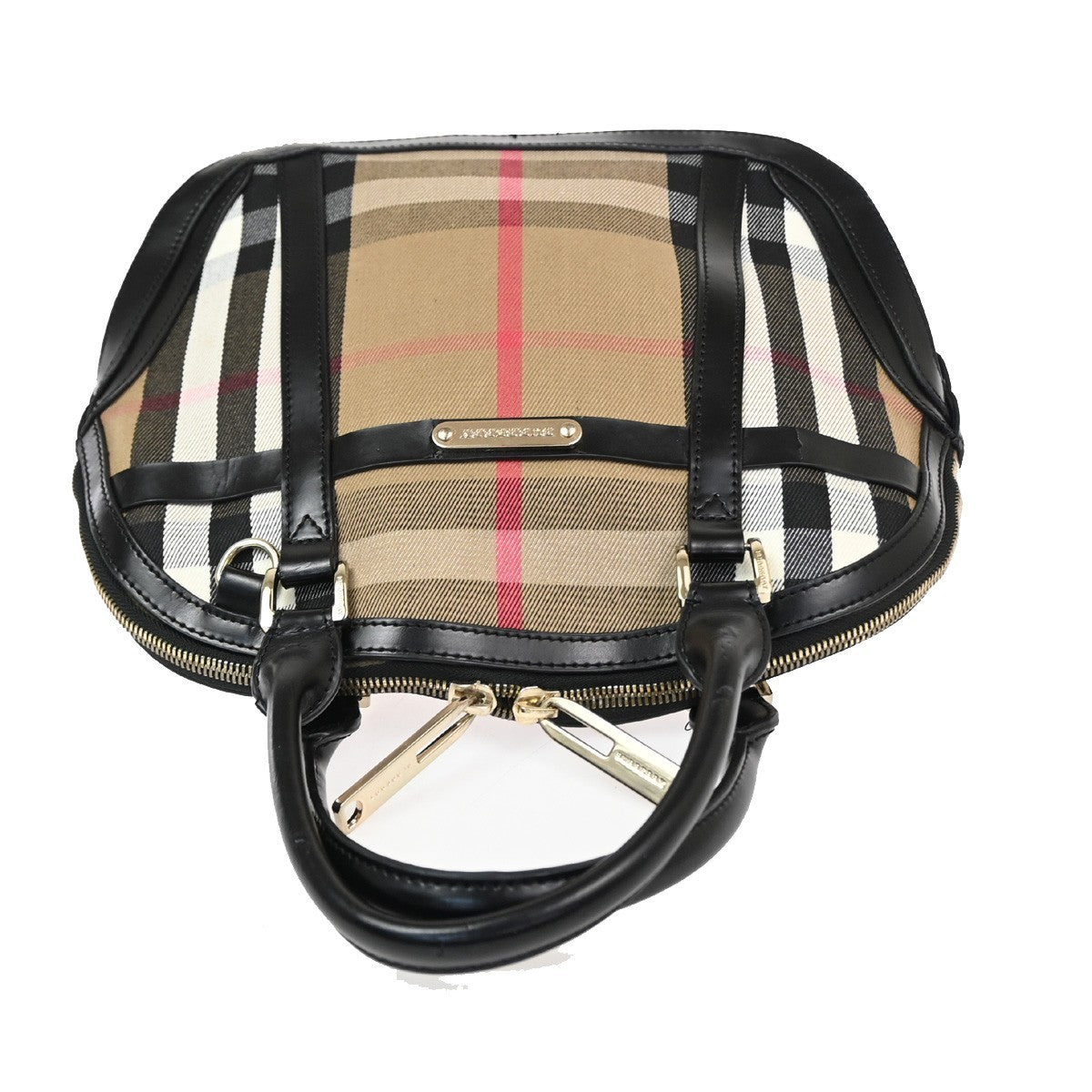 BURBERRY Logo Nova Check Pattern Hand Bag Leather Canvas Black Brown GHW 32TA663