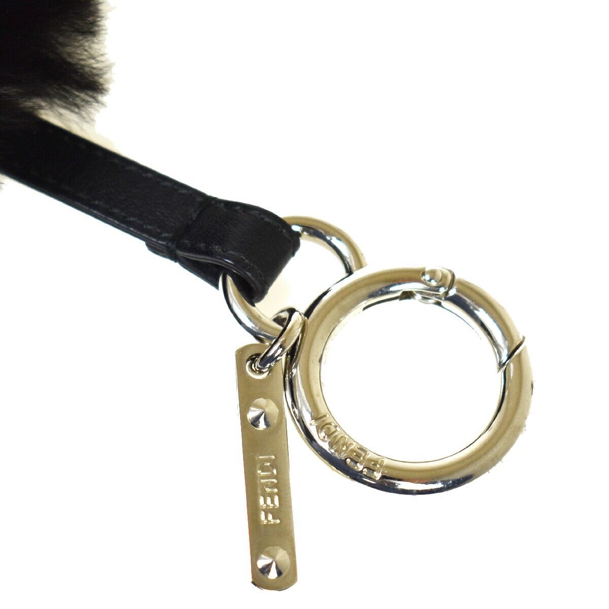 FENDI Logo Flower Motif Charm Key Chain Fur Leather Black Italy 66JH635
