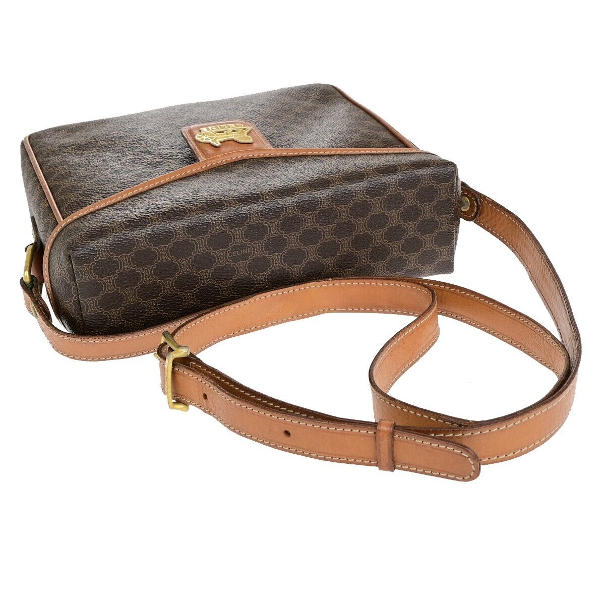 CELINE Logo Macadam Pattern Crossbody Shoulder Bag PVC Leather Brown 31EB749