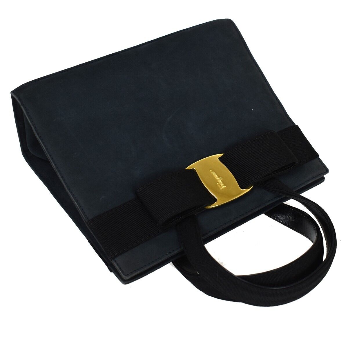 SALVATORE FERRAGAMO Vara Hand Bag Suede Leather Navy Blue Gold Italy 69ED289