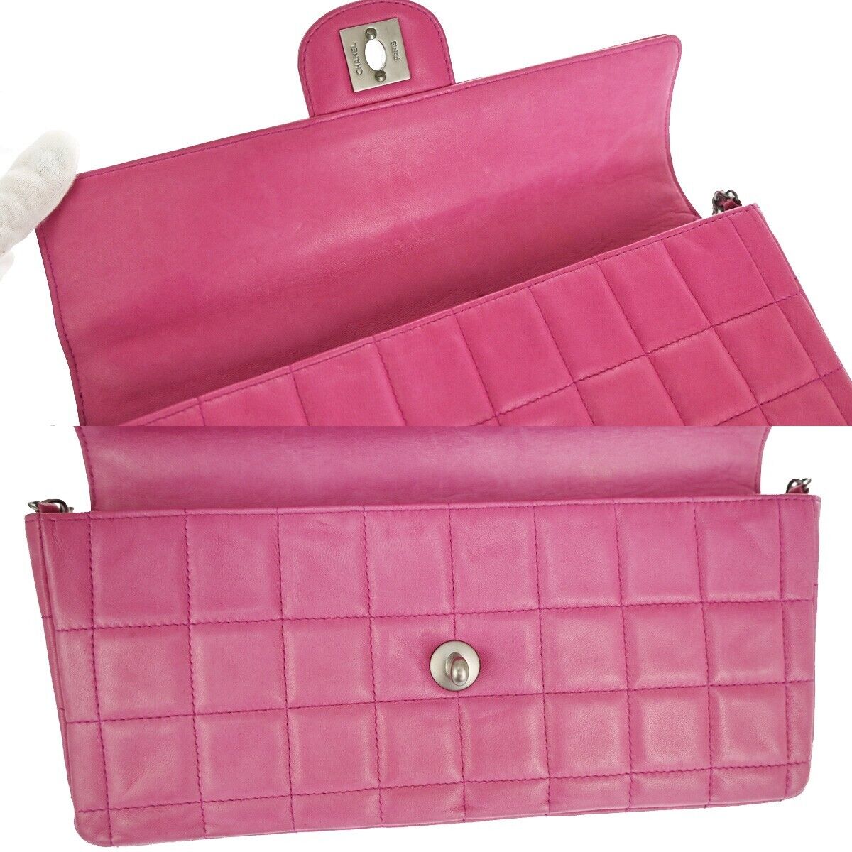 CHANEL CC Logo Chocolate Bar Chain Shoulder Bag Leather Magenta France 325RH263