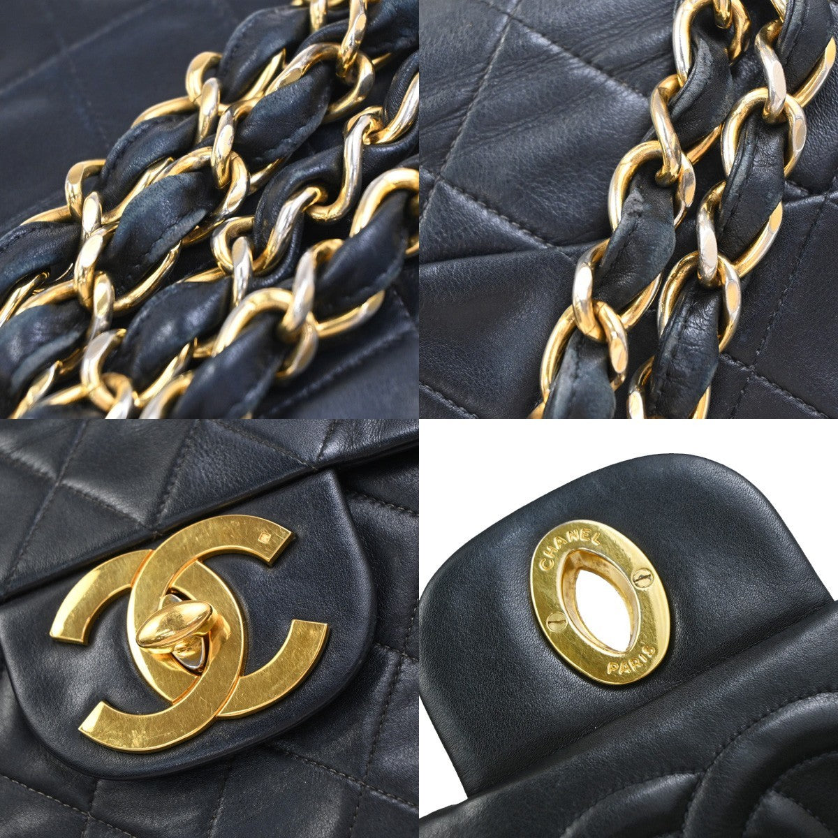 CHANEL Maxi Jumbo Matelasse 34 Chain Shoulder Bag Leather Black Vintage 328RP127