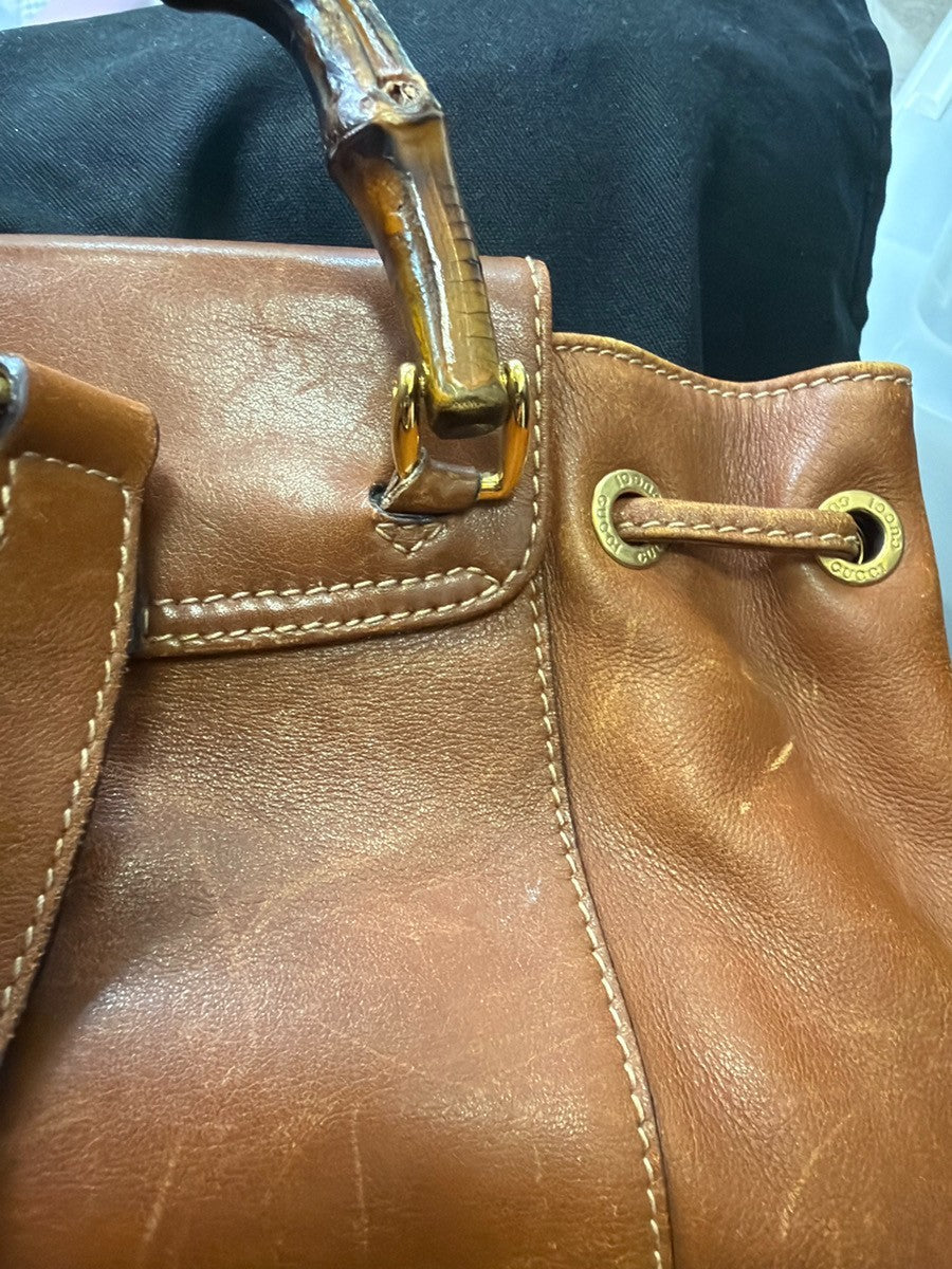 GUCCI Logo Bamboo Drawstring Mini Backpack Bag Leather Brown GHW Italy 64YH955