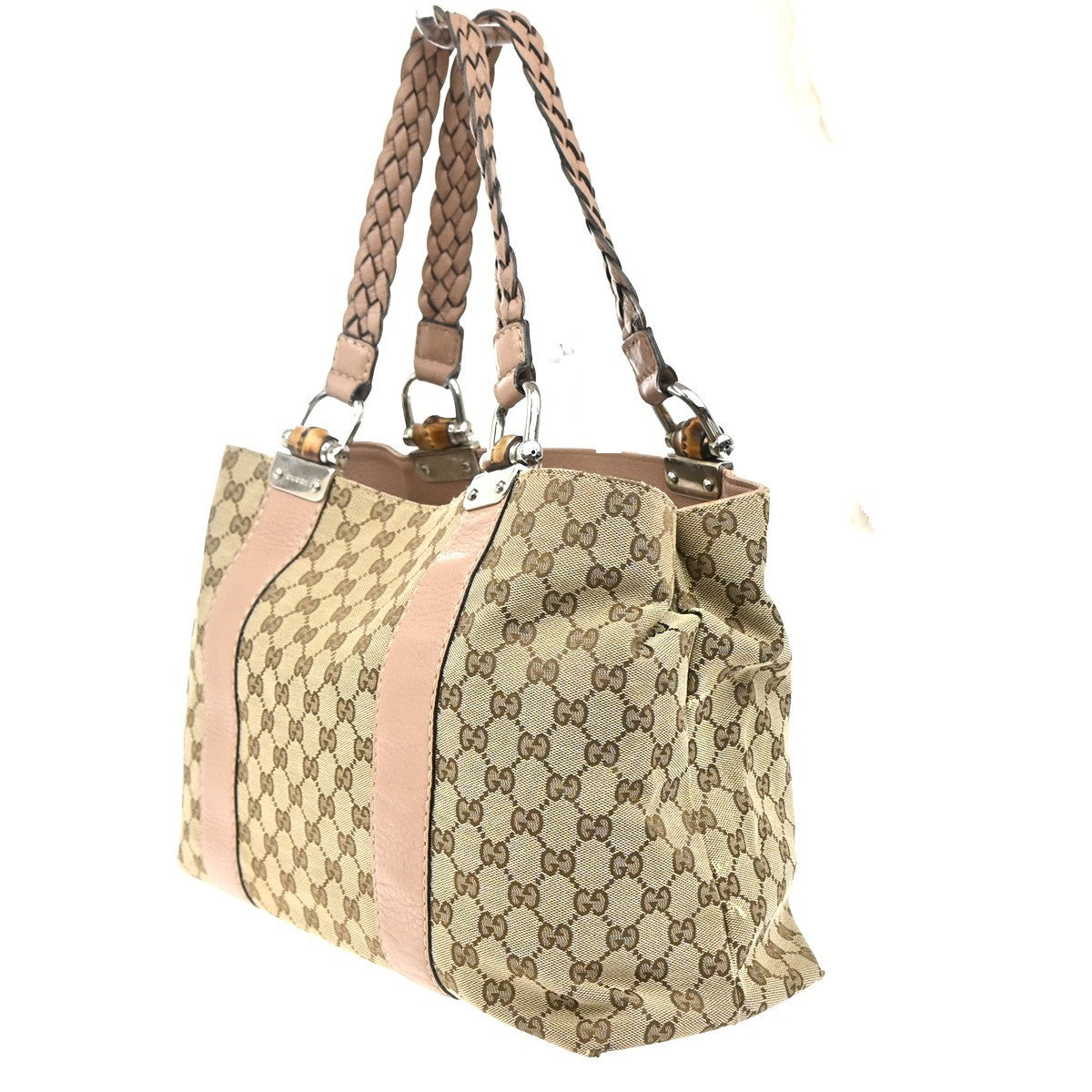 GUCCI Logo Bamboo GG Shoulder Hand Bag Canvas Leather Beige Pink Italy 32MA171