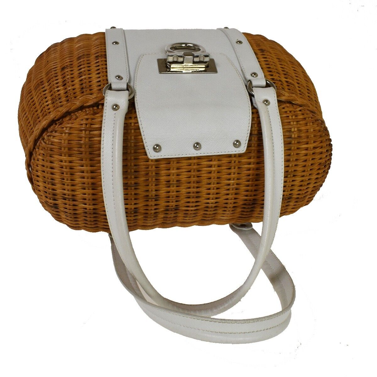 SALVATORE FERRAGAMO Basket Gancini Shoulder Bag Straw Leather Brown WE 88RH761