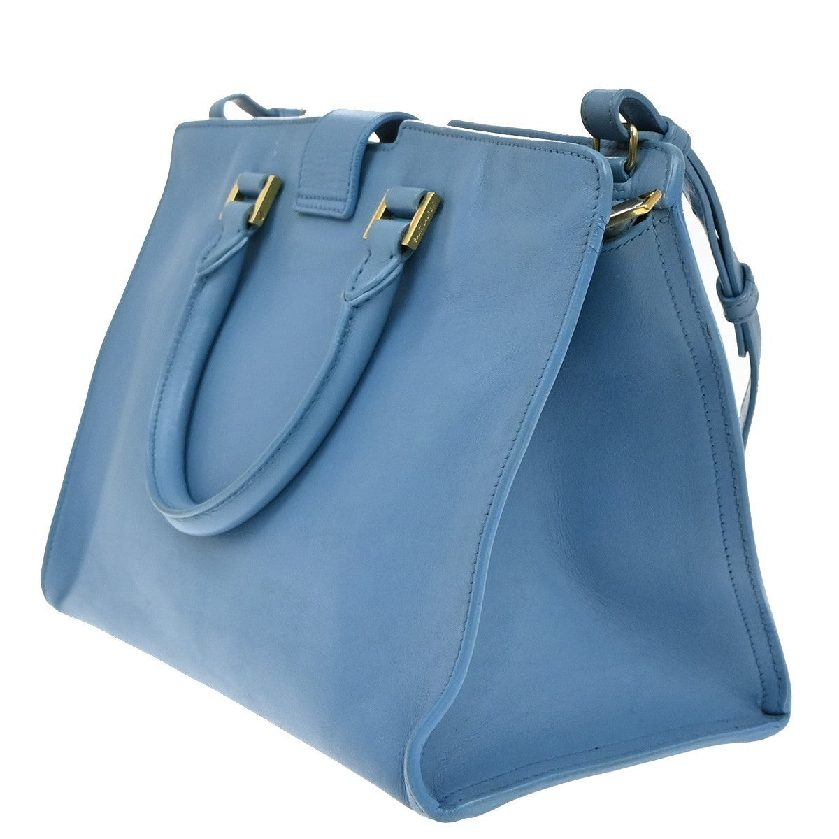 SAINT LAURENT  Logo Classic Y Cabas 2 Way Hand Bag Leather Blue Gold 79KP092