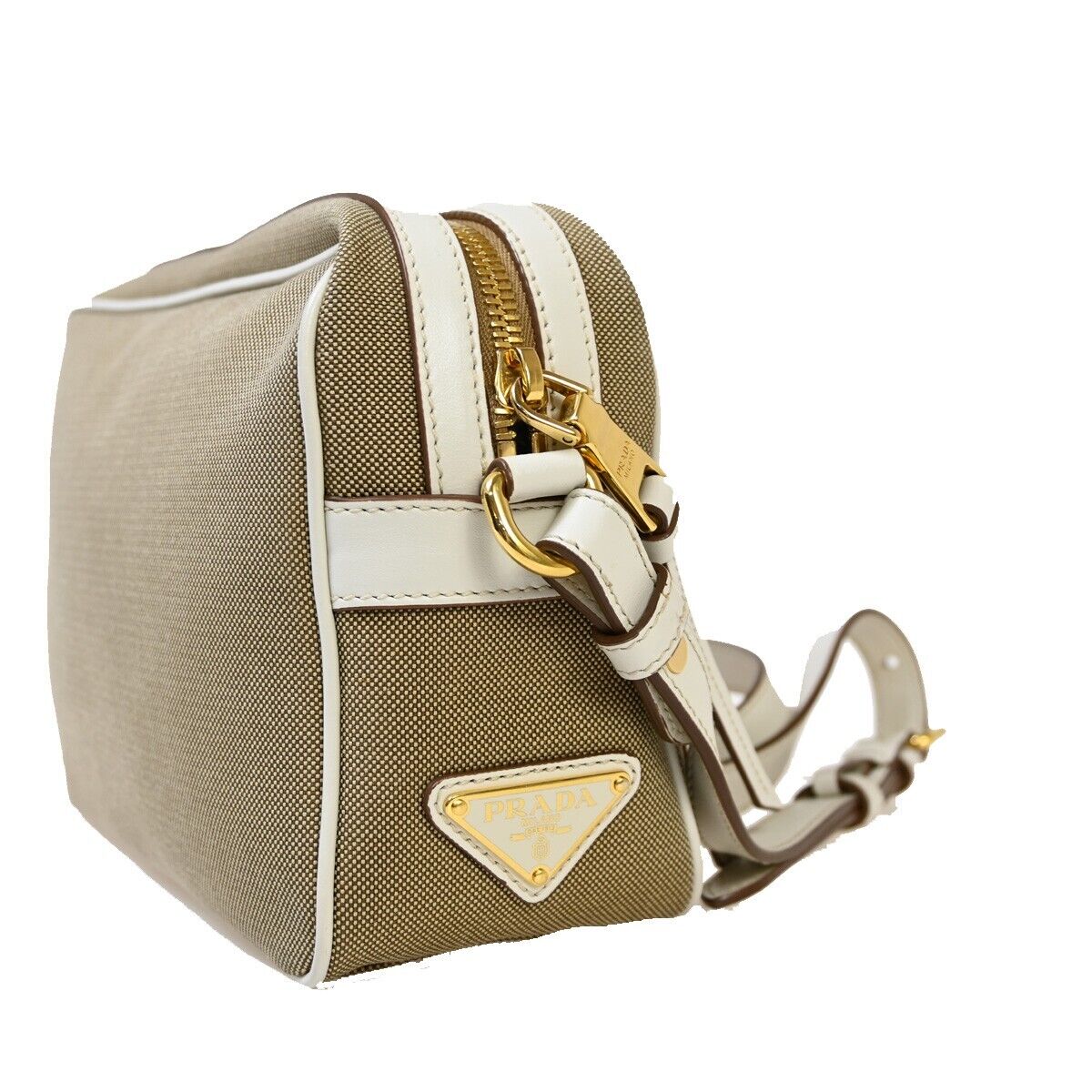 PRADA MILANO Logo Jacquard Shoulder Bag Canvas Leather Brown White Gold 50RJ741