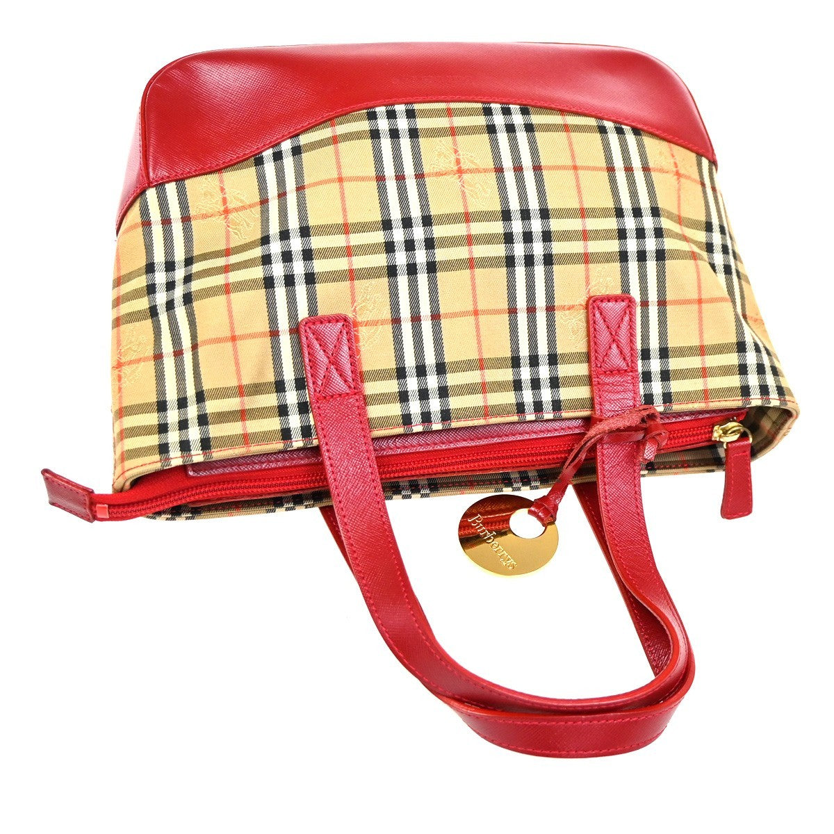 BURBERRY Nova Check Hand Bag Canvas Leather Beige Red GHW 62KC545