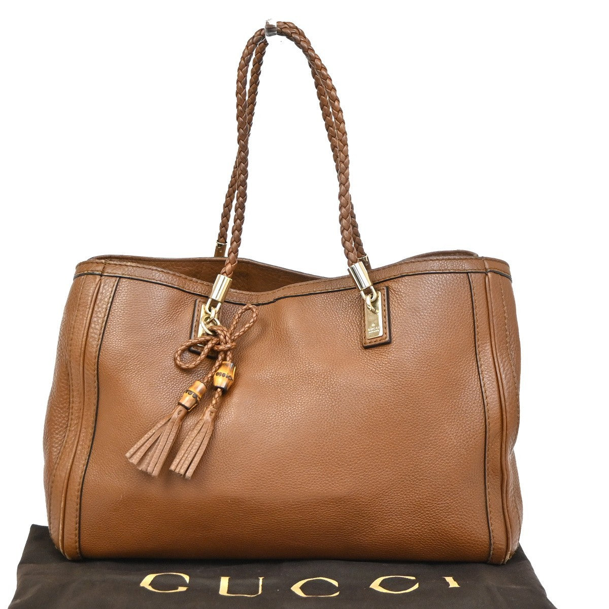 GUCCI Logo Bamboo Shoulder Tote Bag Leather Brown GHW Italy 35KC218