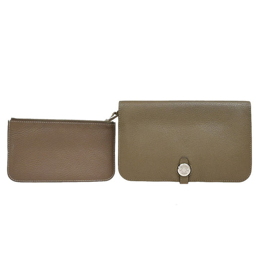 RFHERMES Logo Dogon GM Long Bifold Wallet Square N Leather Brown France 88RF420