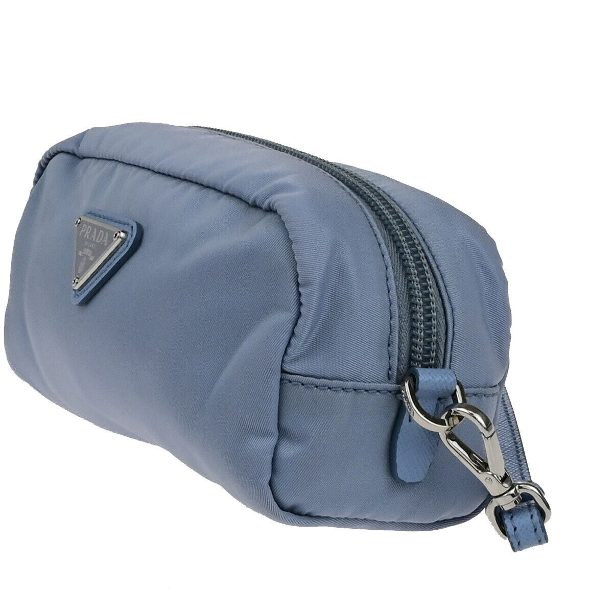 PRADA Logo Tessuto Cosmetic Mini Pouch Nylon Leather Blue SHW Italy 66YG675