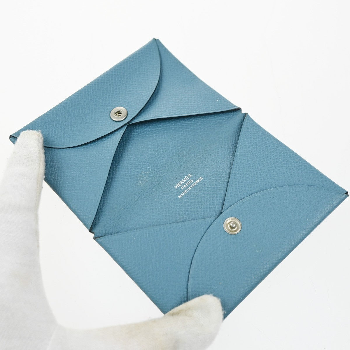 HERMES Logo Calvi Card Case Chevre Mysore Leather Blue SHW France 64RP165
