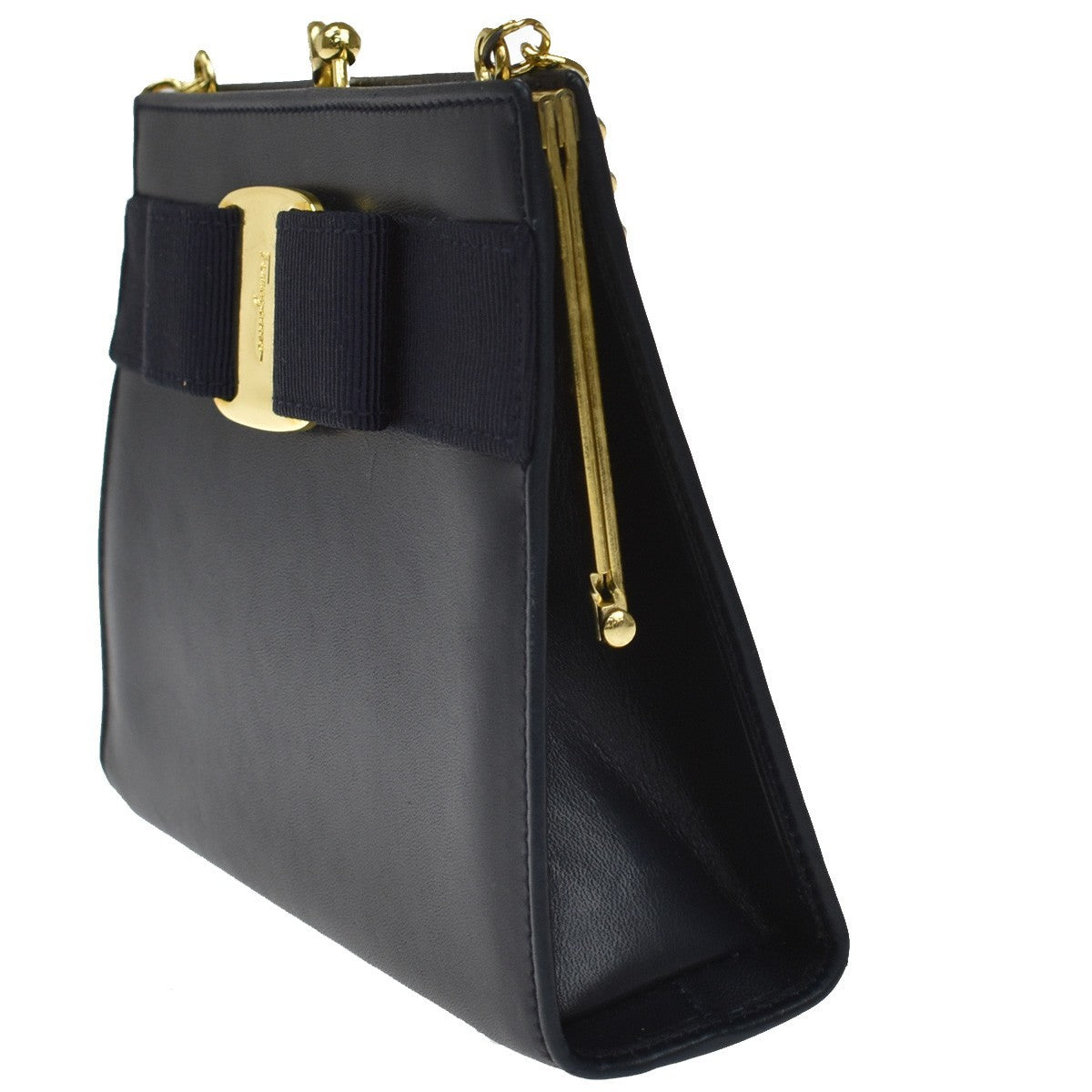 SALVATORE FERRAGAMO Vara Mini Chain Shoulder Bag Leather Navy Blue GHW 69KB071