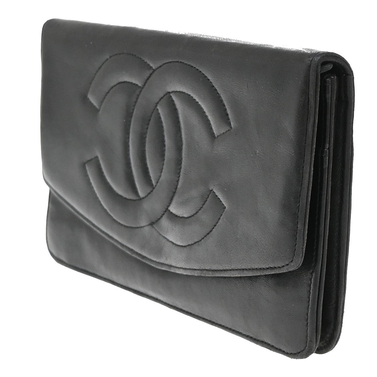 CHANEL CC Logo Long Bifold Wallet Leather Black GHW Vintage 35RF726