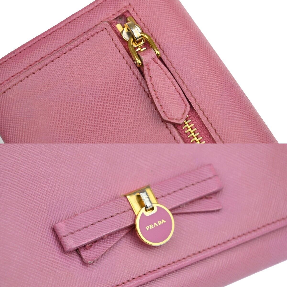 PRADA Logo Saffiano Bow Long Bifold Wallet Purse Leather Pink Italy 02EA641