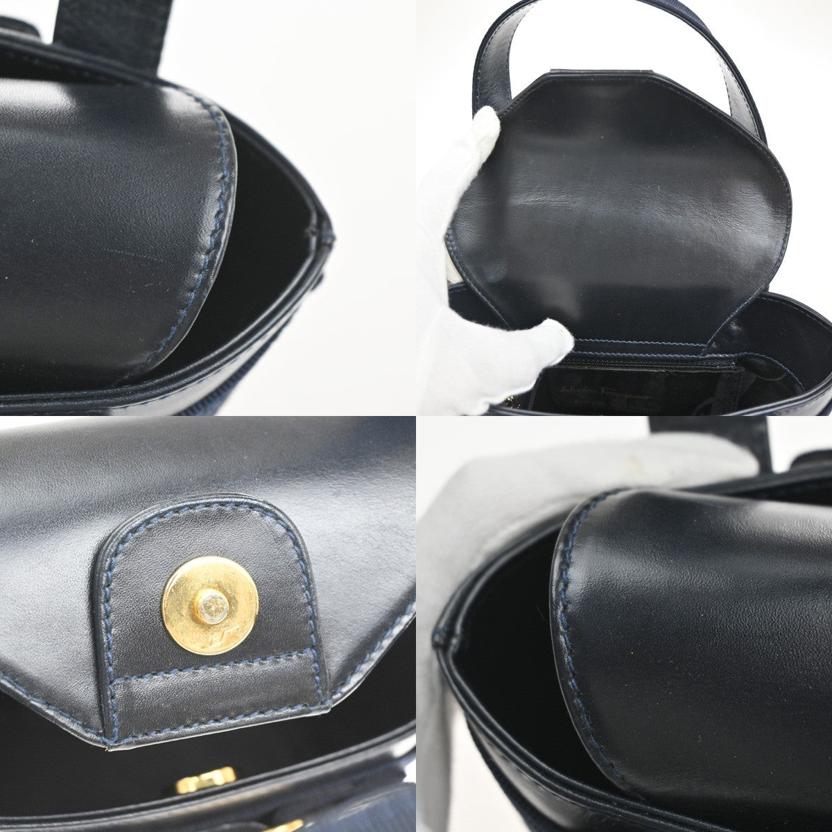 SALVATORE FERRAGAMO Logo Vara Hand Bag Leather Canvas Navy Blue GHW 64CA767