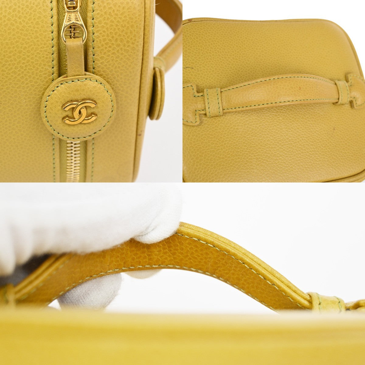 CHANEL Vanity Cosmetic Hand Bag Grained Calfskin Leather Yellow Vintage 664RQ061